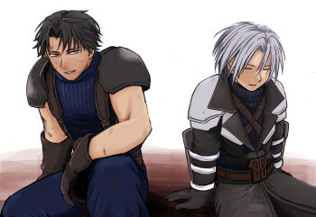 2boys aged_down angeal_hewley armor black_gloves black_hair black_jacket black_pants black_shirt blue_eyes blue_pants blue_shirt brown_gloves chest_strap closed_eyes dirty dirty_face final_fantasy final_fantasy_vii final_fantasy_vii_ever_crisis gloves grey_hair hair_between_eyes jacket light_smile looking_at_another male_focus multiple_boys pants parted_bangs parted_lips pauldrons s_m_man sephiroth sephiroth_(ever_crisis) shirt short_hair shoulder_armor sitting sleeveless sleeveless_turtleneck suspenders turtleneck upper_body