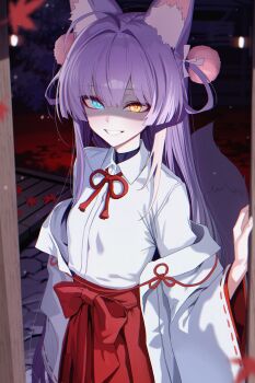 1girl absurdres ahoge animal_ear_fluff animal_ears blue_eyes collared_shirt cowboy_shot doorway fox_ears fox_girl fox_tail glowing glowing_eyes grin hair_intakes hair_ornament hair_rings hakama hakama_skirt hand_up hashtag-only_commentary heterochromia highres japanese_clothes kosode long_hair multicolored_hair night nontraditional_miko off_shoulder orange_eyes orn parted_bangs pom_pom_(clothes) pom_pom_hair_ornament purple_hair red_skirt shirt skirt smile solo standing stellive straight_hair streaked_hair tail tenko_shibuki virtual_youtuber white_shirt wing_collar