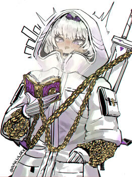 1girl @_@ ^^^ book bow chain commentary cowboy_shot english_commentary gloves grey_hair hair_bow highres holding holding_book hood hood_up kira_(project_moon) limbus_company open_book project_moon purple_bow purple_eyes rakulock reading simple_background solo sword sword_on_back twitter_username weapon weapon_on_back white_background white_gloves