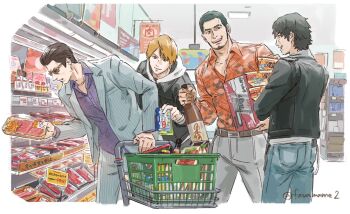 4boys beard black_hair black_jacket bleached_hair bottle brown_hair chinstrap_beard collared_shirt commentary_request facial_hair favamame2 food grocery_store hair_slicked_back higashi_tooru highres hood hoodie instant_noodles instant_ramen jacket judge_eyes kaito_masaharu lost_judgment male_focus meat multiple_boys ono_michio orange_hair orange_shirt pinstripe_pattern ryuu_ga_gotoku_(series) sake_bottle shirt shopping shopping_cart sugiura_fumiya sunglasses yagami_takayuki