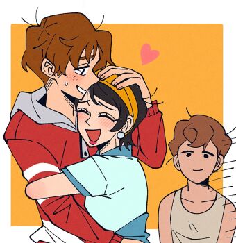 1girl 2boys annabelle_anastasio ben_freeling brown_hair commentary_request hand_on_another's_head haunted_hotel heart hetero hug insidej043 jacket korean_commentary multiple_boys randy_(haunted_hotel) red_jacket short_hair simple_background upper_body yellow_background