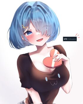 1girl black_shirt blue_eyes blue_hair blush box breasts cleavage collarbone commentary english_commentary fang hair_ornament hair_over_one_eye heart-shaped_box highres holding holding_box ibispaint_(medium) large_breasts looking_at_viewer open_mouth original parted_bangs riria_mona1 shirt short_hair short_sleeves simple_background smile solo upper_body white_background x_hair_ornament