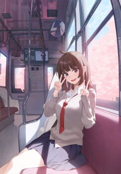 1girl absurdres ahoge blush breasts brown_hair cherry_blossoms collared_shirt dini_illust double_v fanged_bangs fingernails hand_grip head_tilt highres long_sleeves looking_at_viewer loose_necktie medium_breasts medium_hair mirror necktie open_mouth original partially_unbuttoned pleated_skirt red_necktie shirt sidelocks sitting skirt solo sweater teeth train train_interior upper_teeth_only v v-neck window