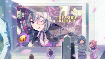 akazaki_kokoro bag banknote billboard breasts cleavage closed_eyes coin english_text game_cg gem gloves grey_hair handbag hat highres idoly_pride japanese_text kanzaki_rio laser money monocle official_art open_mouth petals pink_hair