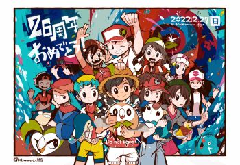 +_+ 6+boys 6+girls absurdres apple apple_slice aqua_hair arm_up bandana baseball_cap beanie black_hair black_jacket blue_hair blue_shorts border brendan_(pokemon) brown_hair calem_(pokemon) chase_(pokemon) clenched_hand clenched_hands closed_eyes closed_mouth commentary_request cranidos curry cyndaquil dartrix dated dawn_(pokemon) denim denim_shorts dewott dress english_text eyewear_on_head fangs flower food fruit gen_1_pokemon gen_2_pokemon gen_4_pokemon gen_5_pokemon gen_7_pokemon gloria_(pokemon) gloves glowing green_bandana green_hat grey_jacket grey_pants grin hand_on_another&#039;s_head hand_on_own_face hat highres hilda_(pokemon) holding holding_food holding_plate holding_pokemon jacket kobayamato kris_(pokemon) long_hair magnemite magneton may_(pokemon) multiple_boys multiple_girls nate_(pokemon) nintendo nose_bubble one_eye_closed open_clothes open_jacket open_mouth oshawott pants pikachu pink_dress plate pokemon pokemon_(creature) pokemon_bw pokemon_bw2 pokemon_day pokemon_dppt pokemon_emerald pokemon_gsc pokemon_legends:_arceus pokemon_lgpe pokemon_oras pokemon_rgby pokemon_rse pokemon_swsh pokemon_usum pokemon_xy porygon-z porygon2 quilava red_(pokemon) red_hat red_jacket red_scarf red_shirt rei_(pokemon) rowlet scarf selene_(pokemon) shirt short_hair shorts sleeping smile sneasel spoon straw_hat sunglasses tam_o&#039;_shanter teeth translation_request twintails twitter_username v-shaped_eyebrows visor_cap white_border white_hat white_jacket white_shorts xtransceiver yellow_hat yellow_shorts