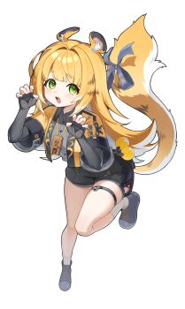1girl absurdres animal_ear_fluff animal_ears blonde_hair bow breasts colored_inner_hair gloves green_eyes high-waist_shorts highres jacket ju_fufu kking15951 long_hair looking_at_viewer multicolored_hair open_mouth shirt shorts smile solo tail tail_bow tail_ornament thigh_strap tiger_ears tiger_girl tiger_tail white_hair yellow_jacket zenless_zone_zero