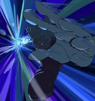 1boy blonde_hair blue_background blue_pants blue_shirt blue_theme clenched_hand clenched_teeth dougi dragon_ball dragonball_z earrings full_body gloves glowing highres jewelry kazumax76 male_focus medium_hair pants potara_earrings powering_up shirt smear_frame solo spiked_hair super_saiyan super_saiyan_1 teeth vegetto white_gloves
