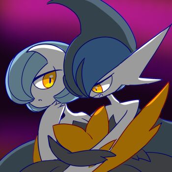 1boy 1girl :o alternate_color arm_blade backlighting bare_shoulders black_dress black_gloves black_hair blue_hair bob_cut colored_skin dark dress elbow_gloves fang gallade gardevoir gen_3_pokemon gen_4_pokemon gloves gradient_background hair_over_one_eye half-closed_eyes hand_up hug looking_at_another mega_gallade mega_gardevoir mega_pokemon mohawk monya multicolored_hair nintendo one_eye_covered open_mouth orange_eyes pokemon pokemon_(creature) purple_background shiny_pokemon short_hair simple_background strapless strapless_dress two-tone_hair upper_body vampire weapon white_skin