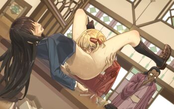 1boy 2girls anjuro_zeeku ass black_hair black_socks blonde_hair blue_dress buttons closed_eyes clothed_sex commentary cunnilingus dark-skinned_male dark_skin double-breasted dress english_commentary facepalm glasses grey_skirt hair_ribbon highres inoue_takina long_hair looking_at_viewer lycoris_recoil lycoris_uniform mika_(lycoris_recoil) multiple_girls nishikigi_chisato one_side_up opaque_glasses open_mouth oral pleated_skirt red_dress red_eyes red_ribbon ribbon robe skirt socks sweat yuri