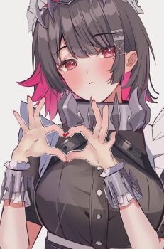 Rule 34 | 1girl, black dress, black hair, blush, breasts, closed mouth, colored inner hair, dress, ellen joe, four-finger heart hands, frilled wristband, grey background, hairband, heart, heart hands, highres, large breasts, looking to the side, maid headdress, metal hairband, mole, mole under eye, multicolored hair, nakano kura, razor blade hair ornament, red eyes, red nails, shark girl, short hair, simple background, solo, spiked headband, upper body, zenless zone zero