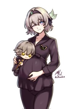 1girl alternate_hairstyle black_pajamas caelus_(honkai:_star_rail) character_doll collarbone commentary doll english_commentary firefly_(honkai:_star_rail) grey_hair highres honkai:_star_rail honkai_(series) one_eye_closed pajamas pants pregnant purple_eyes rotomdocs short_hair signature trailblazer_(honkai:_star_rail) twitter_username yellow_eyes
