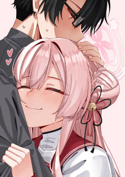 1boy 1girl absurdres arm_on_another's_head bell black_hair black_shirt blue_archive blush braid bun_with_braided_base closed_eyes closed_mouth commentary glasses hair_bell hair_bun hair_ornament halo heart hetero highres hug jingle_bell long_hair mimori_(blue_archive) pink_background pink_hair pink_halo red_sailor_collar rynn_(darknescorez) sailor_collar sensei_(blue_archive) shirt short_hair single_side_bun smile white_shirt