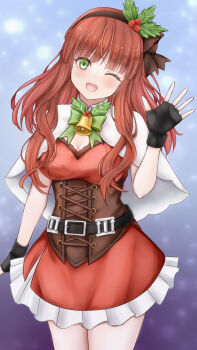 1girl belt black_belt black_gloves breasts capelet cowboy_shot de_ruyter_(christmas)_(kancolle) de_ruyter_(kancolle) dress fingerless_gloves gloves green_eyes hair_ornament highres holly_hair_ornament kantai_collection koru_pera long_hair looking_at_viewer medium_breasts official_alternate_costume one_eye_closed open_mouth red_dress red_hair short_dress solo standing white_capelet