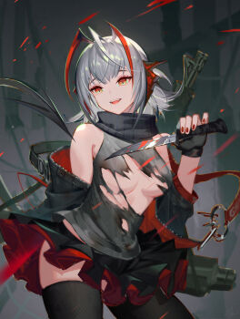 1girl ahoge antenna_hair arknights black_gloves black_jacket black_scarf black_skirt black_thighhighs breasts chinese_commentary commentary_request contrapposto cowboy_shot demon_horns demon_tail eyelashes fangs fingerless_gloves gloves grenade_launcher grey_shirt highres holding holding_knife horns jacket charm_(object) knife layered_skirt medium_breasts medium_hair miniskirt multicolored_hair nail_polish off_shoulder open_clothes open_jacket open_mouth orange_eyes pleated_skirt red_hair red_nails scarf shirt silver_hair skirt smile solo standing streaked_hair tail thighhighs thighs torn_clothes torn_shirt two-sided_fabric two-sided_jacket two-tone_hair w_(arknights) weapon weapon_on_back wtk