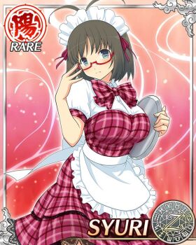 1girl adjusting_eyewear alternate_costume antenna_hair apron arm_up blue_eyes bob_cut border bow bowtie breasts brown_hair card_(medium) character_name closed_mouth dress enmaided frilled_apron frills game_cg hairband large_breasts light_frown looking_at_viewer maid maid_apron maid_headdress medium_hair official_art pink_bow pink_bowtie pink_dress plaid_bow plaid_bowtie plaid_clothes plaid_dress puffy_short_sleeves puffy_sleeves red-framed_eyewear senran_kagura senran_kagura_new_wave short_sleeves solo syuri_(senran_kagura) tray waist_apron white_apron