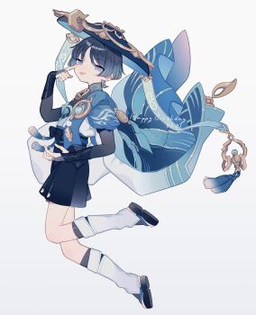 1boy :p absurdres black_sandals black_shorts blue_hair blue_hat blue_shirt closed_mouth commentary dated full_body genshin_impact happy_birthday hat highres long_sleeves looking_at_viewer male_focus sandals scaramouche_(genshin_impact) shirt short_hair shorts simple_background socks solo tokareta_tamago tongue tongue_out wanderer_(genshin_impact) white_background white_socks