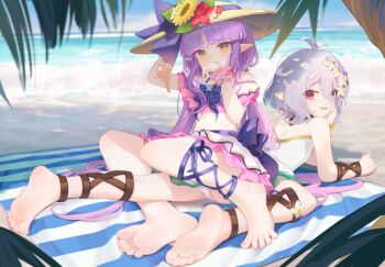 2girls antenna_hair bare_shoulders barefoot beach beach_towel blue_ribbon blunt_bangs blurry blurry_background commission daxieshen_huashi day feet flower grey_hair hair_between_eyes hair_flower hair_ornament hat hat_flower kokkoro_(princess_connect!) kyoka_(princess_connect!) legs long_hair looking_back lying medium_hair mixed-language_commentary multiple_girls navel on_stomach open_mouth outdoors pink_eyes pointy_ears princess_connect! purple_hair red_flower ribbon sitting soles spread_toes sun_hat sunflower swimsuit toenails toes towel very_long_hair yellow_eyes