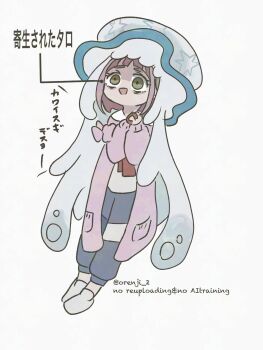 1girl blue_pants brown_eyes cardigan full_body gen_7_pokemon gloves highres interlocked_fingers lacey_(pokemon) long_sleeves nihilego nintendo open_cardigan open_clothes open_mouth orenji_2 own_hands_clasped own_hands_together pants pink_cardigan pink_hair pokemon pokemon_(creature) pokemon_sv red_gloves single_glove translation_request twitter_username ultra_beast