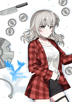 1girl beer_can black_shorts can ceiling_light closed_mouth commentary drink_can girls_band_cry grey_eyes grey_hair habsida_(habsida_hpy) highres kawaragi_momoka knife long_hair multicolored_hair red_shirt roots_(hair) shirt shorts simple_background smile solo thigh_strap white_background white_shirt