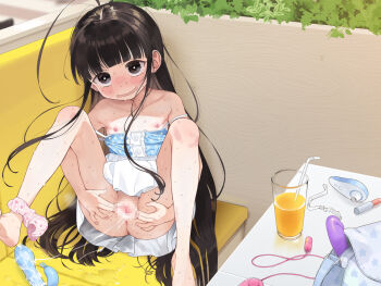 1girl ahoge bare_legs bare_shoulders barefoot black_eyes black_hair blunt_bangs blush booth_seating buttons censored clothes_lift clothes_pull collarbone dress dress_lift dress_pull drinking_straw egg_vibrator exhibitionism feet_out_of_frame female_focus female_masturbation flat_chest food_print fruit_print genderswap genderswap_(mtf) huge_ahoge indoors juice knees_up loli long_hair looking_at_viewer masturbation mosaic_censoring naughty_face nipples object_insertion original panties panties_around_leg parted_lips pink_panties print_panties public_indecency pussy pussy_juice pussy_juice_puddle pussy_juice_stain pussy_juice_trail ronna sex_toy sitting smile solo spread_legs spread_pussy spreading_own_pussy stained_clothes strap_slip strawberry_print sweat tachikawa_nobuo tearing_up textless_version toes ts_loli_oji-san_no_boukan underwear vaginal vaginal_object_insertion very_long_hair vibrator wavy_mouth