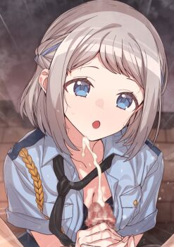 1boy 1girl :o blue_eyes blue_shirt breasts censored cleavage collarbone commentary_request cum ejaculation erere gakuen_idolmaster grey_hair handjob hetero idolmaster katsuragi_lilja medium_breasts mosaic_censoring open_mouth penis police police_uniform policewoman shirt short_hair short_sleeves solo_focus