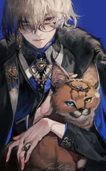 1boy absurdres blue_background brown_hair closed_mouth commentary eyewear_strap glasses glint grandia_lee heterochromia highres jewelry juliet_sleeves long_sleeves lynx male_focus original puffy_sleeves purple_eyes ring short_hair signature simple_background solo upper_body yellow_eyes