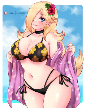 1girl bathrobe bikini black_bikini blonde_hair blue_eyes blush breasts choker cleavage cloud collarbone cosplay crossover earrings floral_print flower hair_flower hair_ornament hair_over_one_eye jewelry kitagawa_marin kitagawa_marin_(cosplay) large_breasts long_hair long_sleeves looking_at_viewer mario_(series) navel nintendo ocean open_clothes open_robe pink_flower print_bikini print_robe purple_robe red_flower robe rosalina side-tie_bikini_bottom sky smile sono_bisque_doll_wa_koi_wo_suru standing star_(symbol) star_earrings sugarbell super_mario_galaxy swimsuit undressing water wide_sleeves
