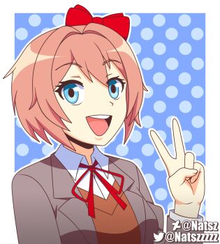 Rule 34 | artist name, blazer, blue eyes, bow, cardigan, checkered background, collared shirt, deviantart username, doki doki literature club, doki doki literature club school uniform, eyelashes, hair between eyes, hair bow, jacket, looking at viewer, natsz (natszzzzz), open mouth, peace, pink hair, ribbon, sayori (doki doki literature club), school uniform, shirt, teeth, twitter username, v