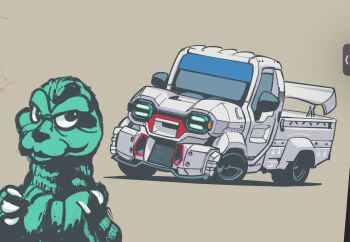 art_program_in_frame commentary english_commentary godzilla godzilla_(series) grey_background highres kaiju motor_vehicle no_humans pickup_truck race_vehicle shadow thailand_super_series toho toyota toyota_hilux_champ truck vehicle_focus will_pierce