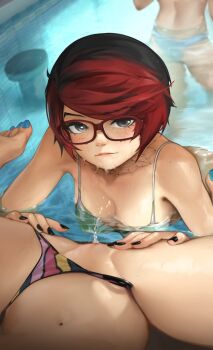 3girls after_cunnilingus ashley_rosemarry bikini bikini_bottom_aside biting_own_lip black_nails blue_nails clothing_aside commentary commentary_request english_commentary female_ejaculation female_orgasm female_pov freckles glasses grey_eyes highres kopianget looking_at_viewer lying multiple_girls nail_polish on_back orgasm original partial_commentary pool pov public_indecency pussy_juice pussy_juice_on_face red-framed_eyewear red_hair seductive_gaze seductive_smile short_hair smile solo_focus spread_legs swimsuit toenail_polish toenails yuri