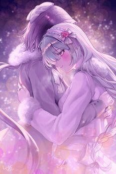 Rule 34 | 2girls, alternate costume, black bow, black hair, blush, bow, braid, breasts, closed mouth, coat, commentary request, female rover (wuthering waves), grey coat, grey eyes, grey hair, hair bow, hairband, highres, long hair, low-braided long hair, low-tied long hair, low ponytail, medium breasts, multicolored hair, multiple girls, outdoors, phrolova (wuthering waves), pink bow, ponytail, rover (wuthering waves), shikuwata, smile, snowing, streaked hair, white coat, wuthering waves