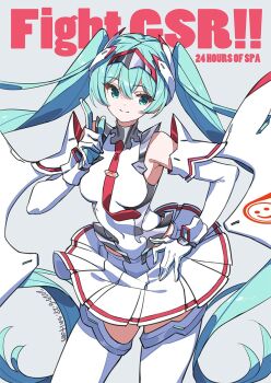 1girl aqua_eyes aqua_hair bare_shoulders commentary_request covered_navel elbow_gloves fake_wings gloves goodsmile_company goodsmile_racing hatsune_miku headband long_hair looking_at_viewer miniskirt necktie pleated_skirt race_queen racing_miku racing_miku_(2025) red_necktie saitou_masatsugu skirt solo thighhighs twintails very_long_hair white_thighhighs white_wrist_cuffs wings wrist_cuffs