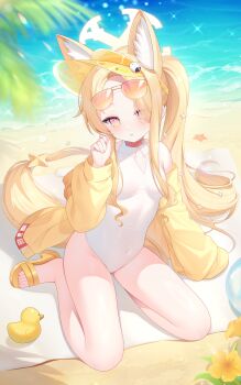 1girl :o above-cleavage_cutout absurdres animal_ear_fluff animal_ears arm_support ball bare_legs bare_shoulders beach beach_mat beachball blonde_hair blue_archive blush breasts bright_pupils cameltoe clenched_hand clothing_cutout collarbone commentary covered_navel cross_halo day diamond_cutout dot_nose extra_ears eyes_visible_through_hair eyewear_on_head feet flower fox_ears fox_girl fox_tail full_body gradient-tinted_eyewear gradient_eyes green_eyes hair_over_one_eye halo hand_up highleg highleg_one-piece_swimsuit highres jacket kooriais loli long_hair long_sidelocks long_sleeves looking_at_viewer multicolored_eyes ocean off_shoulder official_alternate_costume official_alternate_hairstyle one-piece_swimsuit open_clothes open_jacket open_mouth orange-tinted_eyewear outdoors parted_bangs pink_eyes red-tinted_eyewear rubber_duck sandals seia_(blue_archive) seia_(swimsuit)_(blue_archive) side_ponytail sidelocks sitting small_breasts solo star_ornament starfish sunglasses swimsuit tail tail_ornament thighs tinted_eyewear toes two-tone_eyes very_long_hair very_long_tail visor_cap wariza water white_one-piece_swimsuit white_pupils yellow_flower yellow_halo yellow_jacket yellow_sandals yellow_visor