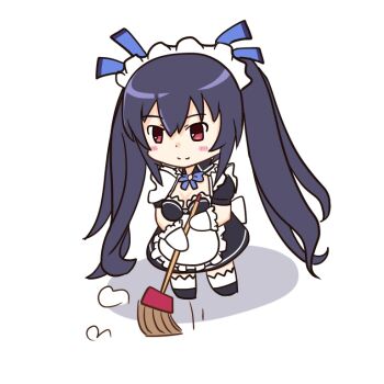 apron black_hair breasts broom chibi cleavage collar dress gloves hairband leggings long_hair maid medium_breasts motokingls neptune_(series) noire_(neptunia) red_eyes ribbon shoes smile sweeping thighs tiny tsundere twintails