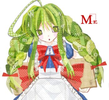 1girl abcdef-t apron blush bow braid dress folder green_eyes green_hair highres long_hair me-tan microsoft_windows open_mouth os-tan sign solo troubled_windows twin_braids warning_sign windows_classic windows_me