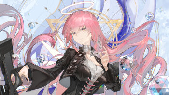 Rule 34 | 1girl, absurdres, arknights, black corset, black jacket, bullet, commentary request, corset, earrings, gun, half-closed eyes, halo, highres, jacket, jewelry, kasumi yuzuha, lemuen (arknights), long hair, pink eyes, pink hair, single earring, weapon