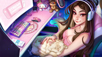 1girl amelion animal animal_on_lap bra bracelet breasts brown_eyes brown_hair cat cellphone chair cleavage closed_mouth collarbone commentary commission computer_keyboard desk desk_microphone eyeshadow face_piercing facing_to_the_side gaming_chair headphones instagram_username jewelry livestream long_hair looking_at_viewer makeup medium_breasts monitor multiple_monitors nintendo_switch nose_piercing on_lap original petting phone piercing pink_bra pink_eyeshadow signature smartphone smile solo stuffed_animal stuffed_toy swivel_chair teddy_bear twitter_username underwear upper_body white_cat wireless_mouse