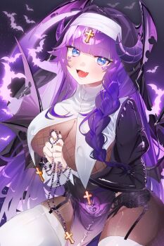 Rule 34 | 1girl, absurdres, bat (animal), black garter belt, black nails, blue eyes, blush, bodystocking, braid, character request, commission, cross, facial mark, fang, garter belt, heart, heart facial mark, highres, holding rosary, horns, iinkpea, indie virtual youtuber, long hair, long sleeves, nun, open mouth, purple hair, purple horns, rosary, see-through cleavage, see-through clothes, skin fang, solo, thighhighs, vgen commission, virtual youtuber, white thighhighs, wings