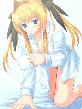 Rule 34 | 1girl, barefoot, bed, bent over, blonde hair, blush, breasts, cameltoe, cleavage, cup, female focus, hair ribbon, katori rea, large breasts, long hair, long sleeves, mug, open clothes, open shirt, otsutama takashi, panties, parfait chocolat second brew, purple panties, ribbon, shirt, smile, solo, twintails, underwear