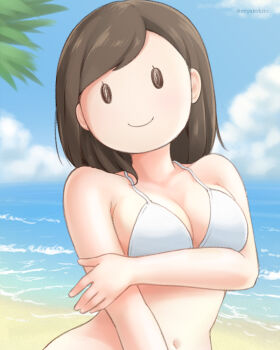 1girl beach bikini breasts brown_hair cleavage large_breasts medium_hair miyako_hito mob_face navel ocean original smile swimsuit white_bikini