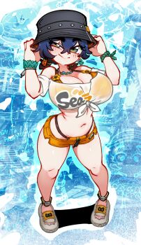 1girl absurdres adjusting_clothes adjusting_headwear belle_(summer_skies)_(zenless_zone_zero) belle_(zenless_zone_zero) bikini black_hat blue_background blue_hair breasts bucket_hat cleavage commentary full_body green_eyes grey_shoes hat highres jellot large_breasts looking_at_viewer navel off-shoulder_shirt off_shoulder official_alternate_costume orange_bikini orange_shorts see-through_clothes see-through_shirt shirt shoes short_hair short_shorts short_twintails shorts solo standing swimsuit tied_shirt twintails white_shirt zenless_zone_zero