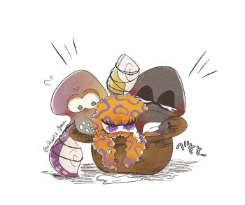 alternate_form brown_hat closed_eyes grey_eyes hat inkling_(swim_form) jessika_(splatoon) nintendo octoling_(swim_form) purple_eyes signature simple_background splatoon_(series) splatoon_3 squid tao_blu twitter_username white_background wildcard1_4 yoko_(splatoon)