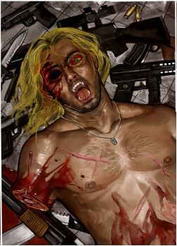 1boy :o amputee assault_rifle beard blonde_hair bloodshot_eyes bullet_hole chest_hair corpse dieantwoord2580 facial_hair fangs gouged_eye green_eyes gun guro headshot highres jewelry looking_at_viewer male_focus murder necklace original rifle scar scar_on_chest severed_arm severed_limb short_hair sniper_rifle solo too_many_weapons upper_body weapon