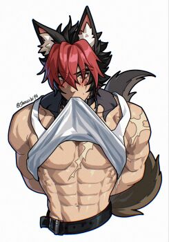1boy abs animal_ear_fluff animal_ears arms_behind_back bare_shoulders belt black_hair blush body_fur brown_tail clothes_in_mouth clothes_lift collar collarbone commentary dog_boy dog_ears dog_tail english_commentary hair_between_eyes hair_over_eyes highres jewelry komano_manato looking_at_viewer male_focus mouth_hold multicolored_hair multiple_scars muscular muscular_male navel necklace nipples pectorals red_eyes red_hair scar scar_across_eye scar_on_arm scar_on_chest scar_on_face scar_on_shoulder shirt shirt_in_mouth shirt_lift short_hair shoucchi96 simple_background solo stomach tail tank_top twitter_username upper_body white_background white_shirt white_tank_top zenless_zone_zero