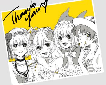 4girls bad_id bad_pixiv_id breasts cleavage closed_mouth dorothy_(grimms_notes) dorothy_(summer)_(grimms_notes) eleanor_linless_(grimms_notes) eleanor_linless_(summer)_(grimms_notes) english_text fingernails grey_scales grimms_notes hair_between_eyes hat heart highres holding_hands hood hood_up jeanne_d'arc_(grimms_notes) jeanne_d'arc_(summer)_(grimms_notes) long_hair looking_at_viewer misoshiru_umai4 multiple_girls open_mouth partially_colored photo_(object) red_riding_hood_(grimms_notes) red_riding_hood_(summer)_(grimms_notes) short_hair smile swimsuit teeth upper_teeth_only yellow_nails