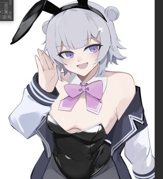 1girl animal_ear_hairband animal_ears art_tools_in_frame black_leotard black_pantyhose blue_hair blush bow bowtie breasts cleavage commentary detached_collar double_bun fake_animal_ears hair_bun hairband highres jacket koharu_rikka leotard looking_at_viewer off_shoulder open_clothes open_jacket open_mouth pantyhose pink_bow pink_bowtie playboy_bunny purple_eyes rabbit_ear_hairband rabbit_ears short_hair small_breasts solo strapless strapless_leotard synthesizer_v ubah unfinished