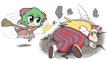 2girls :3 animal_ears bkub_(style) blonde_hair blue_skirt broom brown_dress closed_mouth commentary_request daniel_renard dog_ears dog_girl dress floppy_ears full_body green_eyes green_hair hitting holding holding_broom horns hoshiguma_yuugi kasodani_kyouko long_hair long_sleeves looking_at_another meme multiple_girls parody red_horns red_skirt shirt short_hair simple_background single_horn skirt smile star_(symbol) striped_clothes striped_skirt style_parody touhou transparent_background vertical-striped_clothes vertical-striped_skirt white_shirt yamcha_pose_(meme)