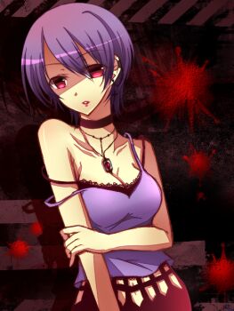 Rule 34 | 1girl, bare shoulders, black choker, blood, blood stain, breasts, chaos;head, choker, cleavage, collarbone, commentary request, earrings, goth fashion, hair between eyes, jewelry, kishimoto ayase, looking at viewer, medium breasts, necklace, nishijou myu, partially shaded face, phantasm, purple hair, purple tank top, red eyes, red lips, science adventure, short hair, solo, strap slip, tank top