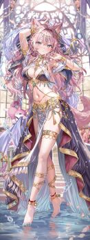 1girl absurdres alternate_costume animal_ears anklet arm_up armlet armpits barefoot blush bracelet braid breasts calflet circlet cleavage commentary_request double-parted_bangs feet full_body gold_anklet gold_armlet gold_bracelet gold_thighlet hair_between_eyes hakui_koyori hand_up harem_outfit highres hololive jewelry kokoro_(hakui_koyori) large_breasts long_hair looking_at_viewer momoko_(momopoco) nail_polish navel neck_ring official_artist_extra parted_lips pelvic_curtain pink_hair purple_eyes purple_nails shawl showgirl_skirt side_braids solo standing stomach tail thighlet toes very_long_hair virtual_youtuber walking walking_on_liquid water white_shawl wolf_ears wolf_girl wolf_tail