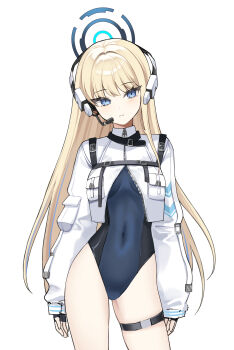1girl absurdres belt blonde_hair blue_archive blue_eyes breasts ddungddang fingerless_gloves gloves halo headset highleg highres jacket leg_belt long_hair medium_breasts simple_background swimsuit toki_(abi-eshuh)_(blue_archive) toki_(blue_archive) white_background white_jacket